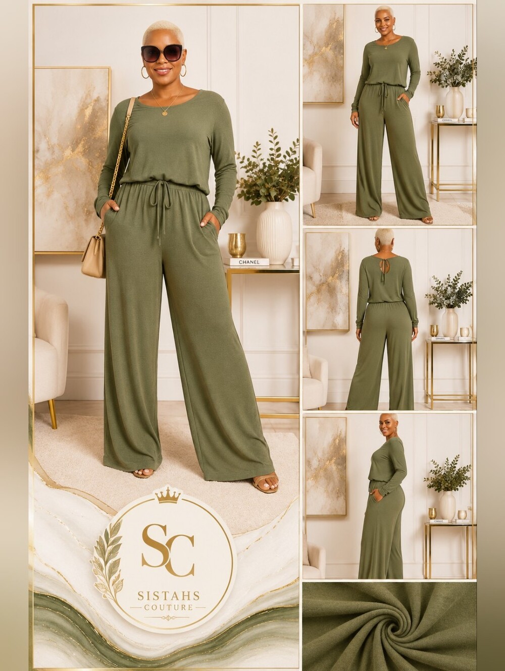 Zenana Premium Olive Green Wide-Leg Jumpsuit | Long Sleeve • Pockets